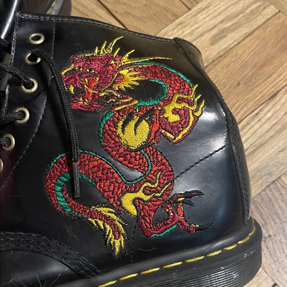 Dr. Martens Black Boots  Red and Green Dragon Embroidery size men’s 8 worn rare main image 5